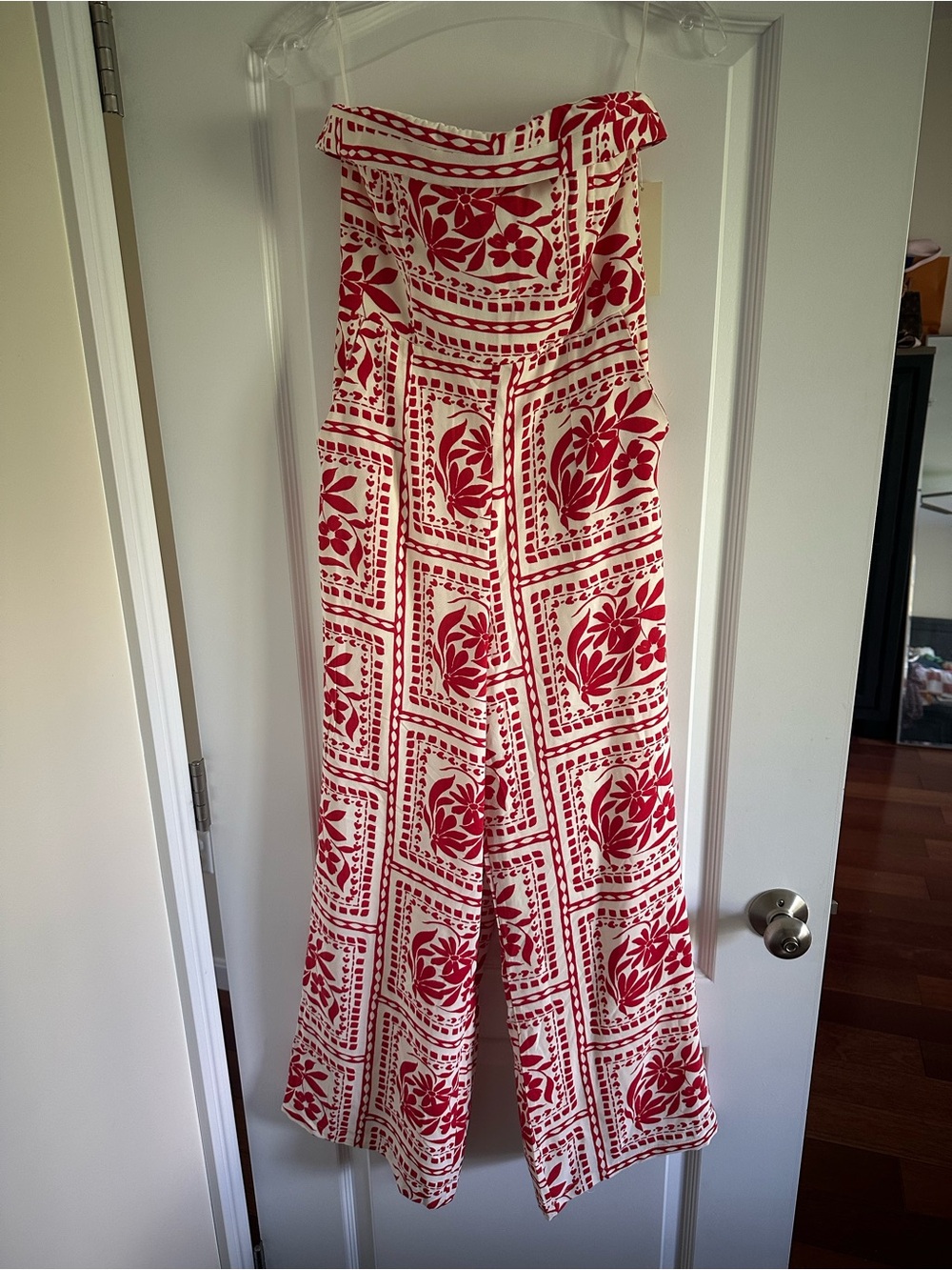 Strapless Wide-Leg Jumpsuit in Red Floral Print